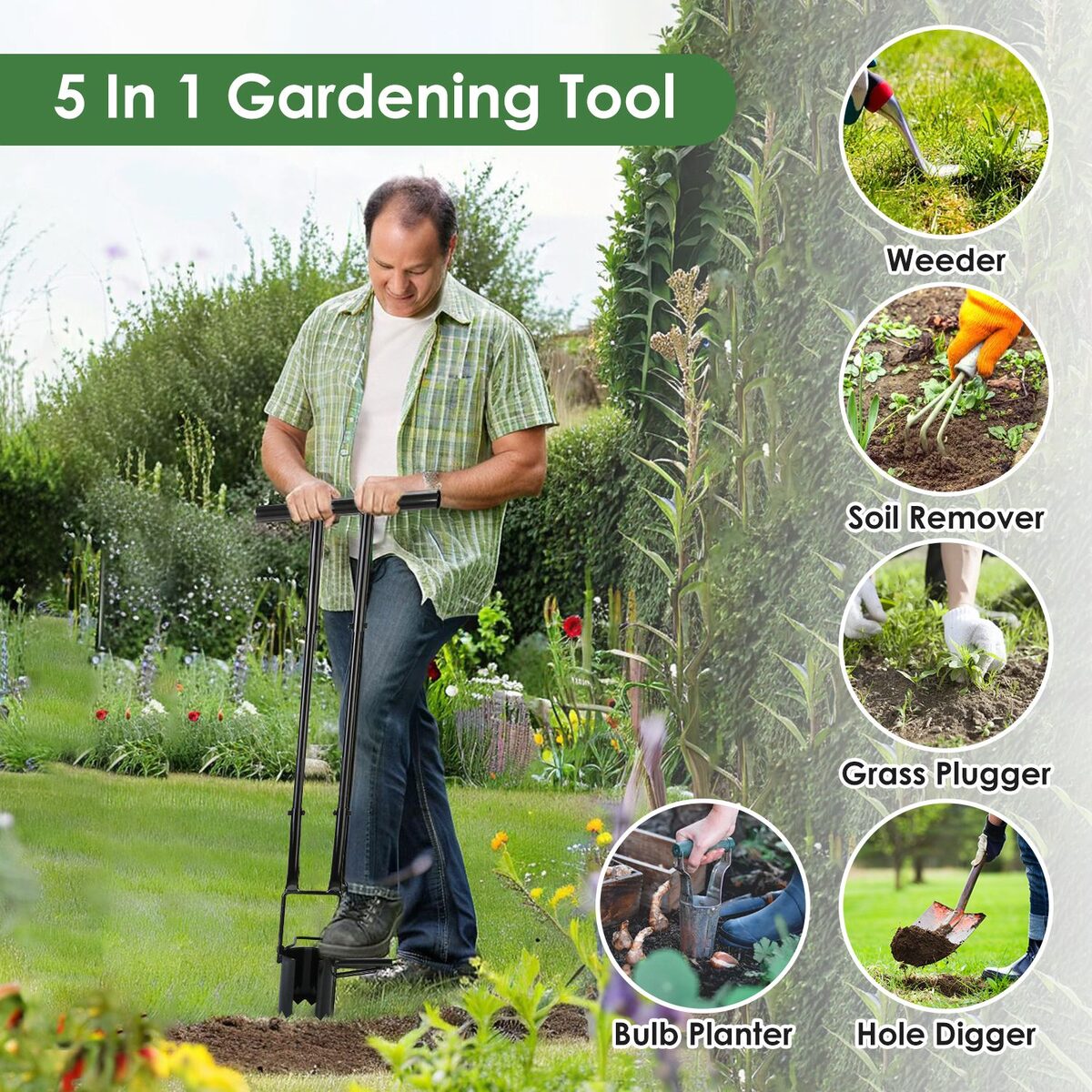 1Set 5 In 1 Bulb Planter Tool Long Handle Gardening Bulb Transplanter With Gloves Brush Serrated Base Dual Pedal Digging Holes To Plant Tulips Iris Daffodil